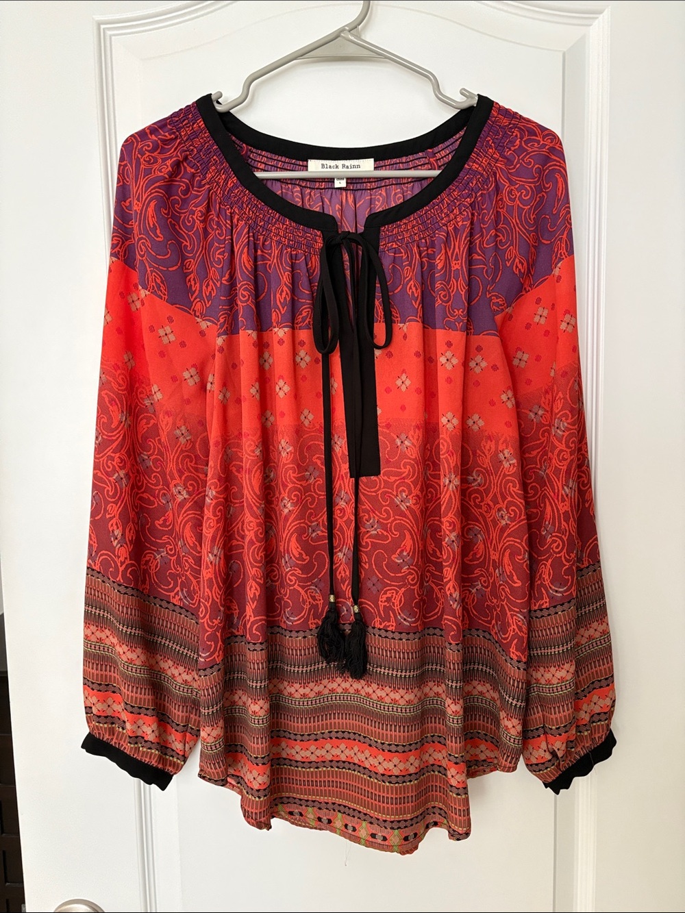 Black Rainn Red and Purple Boho Tie-Neck Blouse